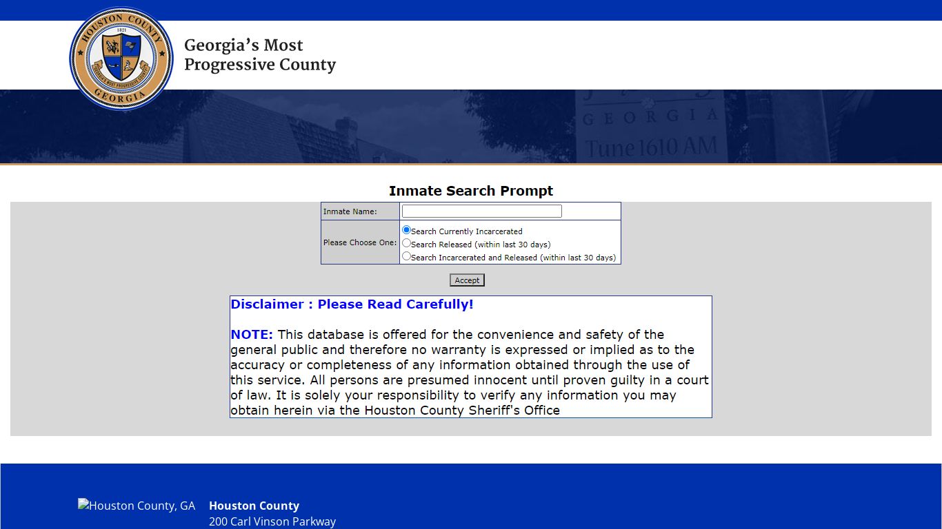 Inmate Search Prompt - Houston County, Georgia